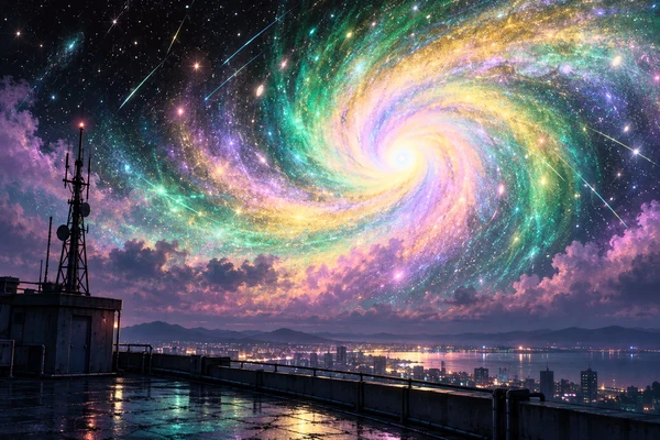 A lonely rooftop overlooks a city beneath a glowing spiral nebula.