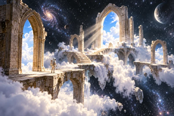 Floating stone arches and stairways among clouds and stars.