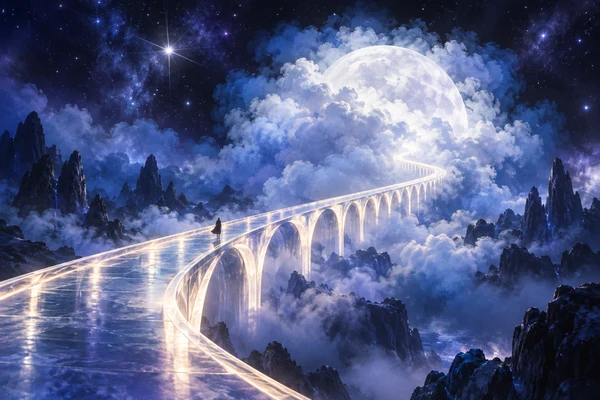 A luminous bridge leads toward a cloud-veiled moon.