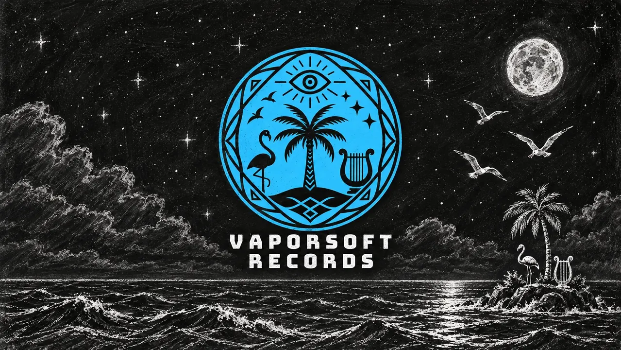 Vaporsoft Records blue logo beneath a chalk-drawn starry sky, full moon and palm-tree island